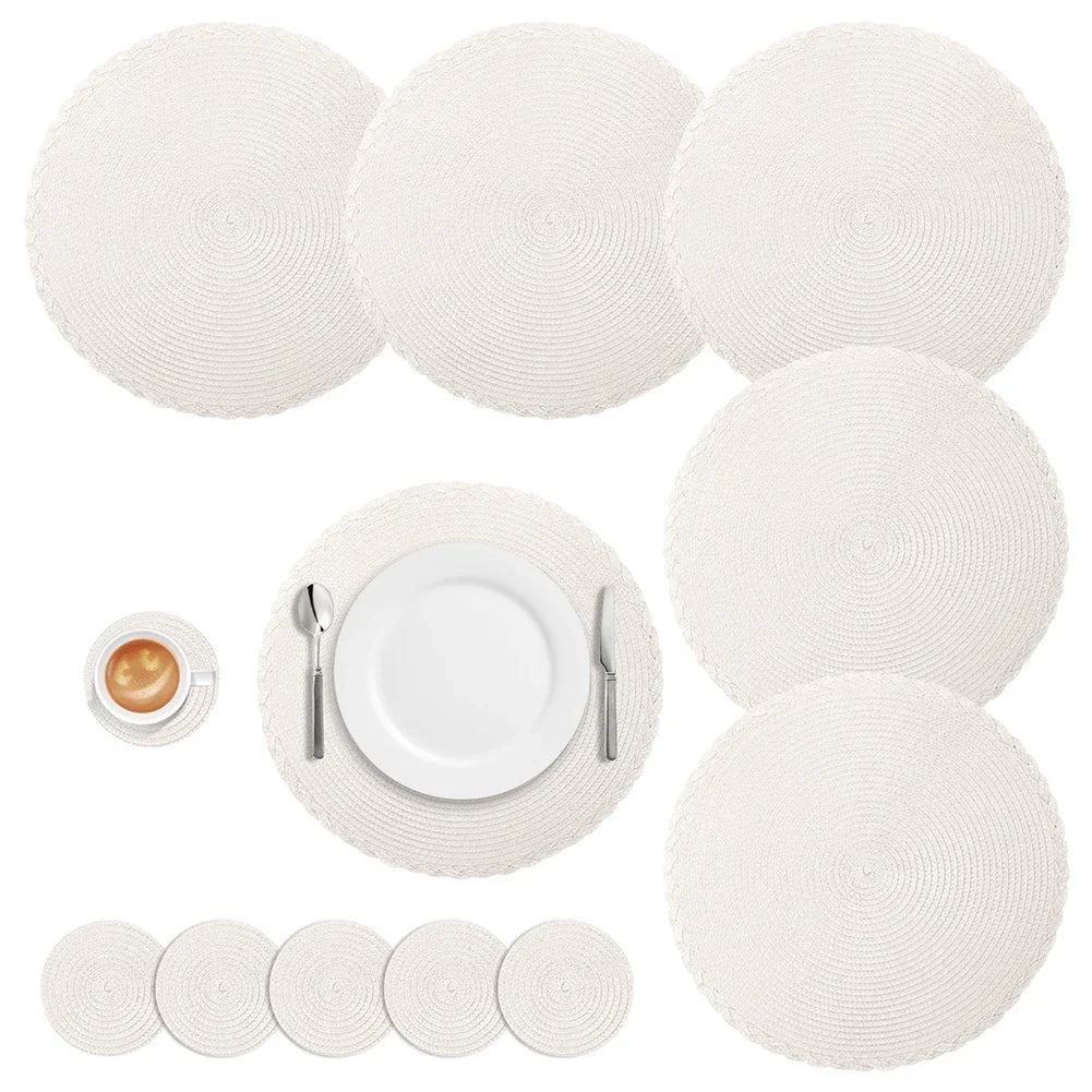 Set of 6 Braided Woven Round Placemats and Coasters - Washable Heat Resistant Table Mats for Dining Table