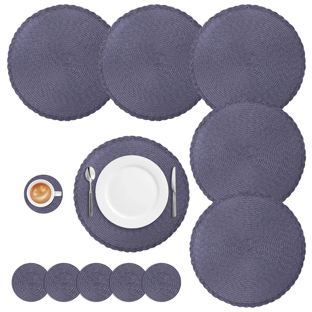 Set of 6 Braided Woven Round Placemats and Coasters - Washable Heat Resistant Table Mats for Dining Table