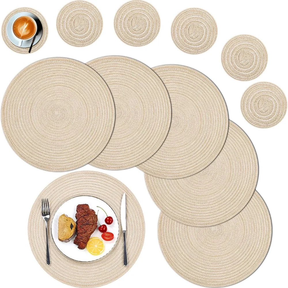 Set of 6 Braided Woven Round Placemats and Coasters - Washable Heat Resistant Table Mats for Dining Table