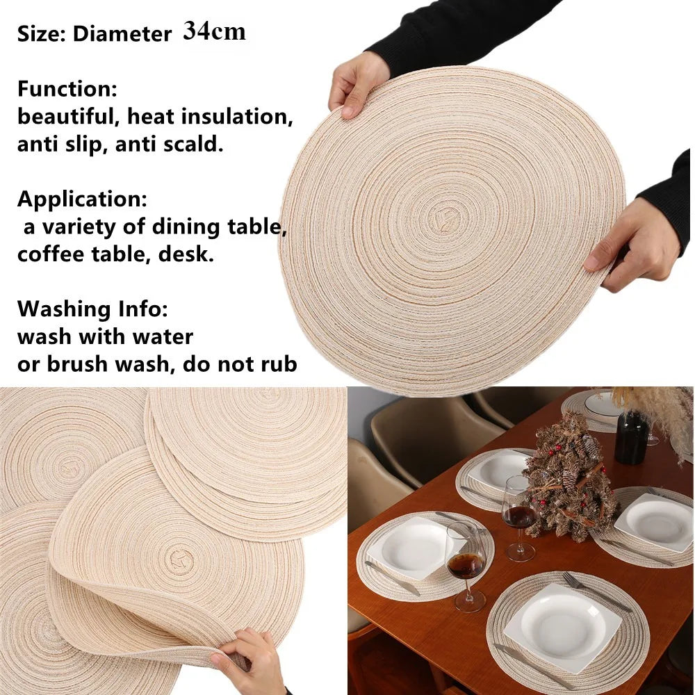 Set of 6 Braided Woven Round Placemats and Coasters - Washable Heat Resistant Table Mats for Dining Table