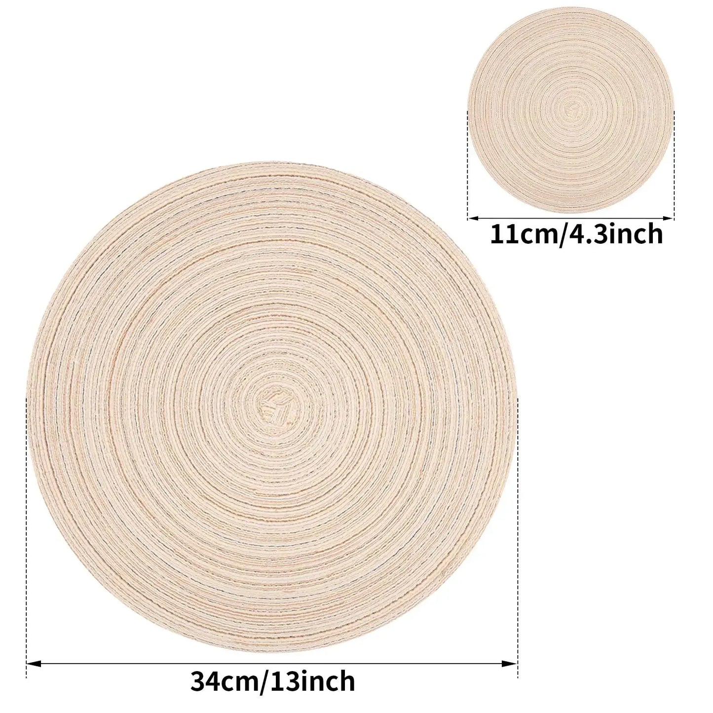 Set of 6 Braided Woven Round Placemats and Coasters - Washable Heat Resistant Table Mats for Dining Table