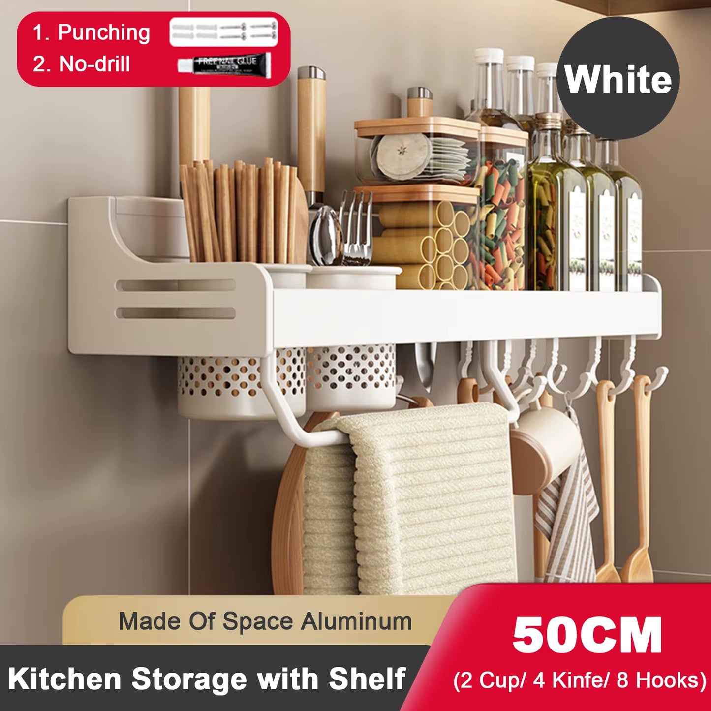 Kitchen Organizer Shelf Wall-Mounted Spice Storage Rack Kitchen Knife Holder Wall Seasoning Chopstick Spoon Shovel Storage Sheif